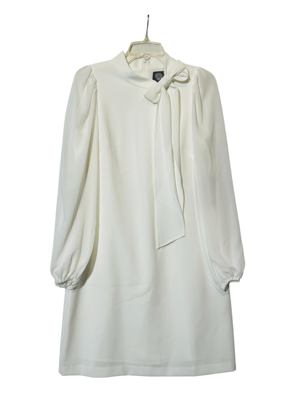 Vince Camuto White Crepe Bow Neck Shift Dress Long Sleeve